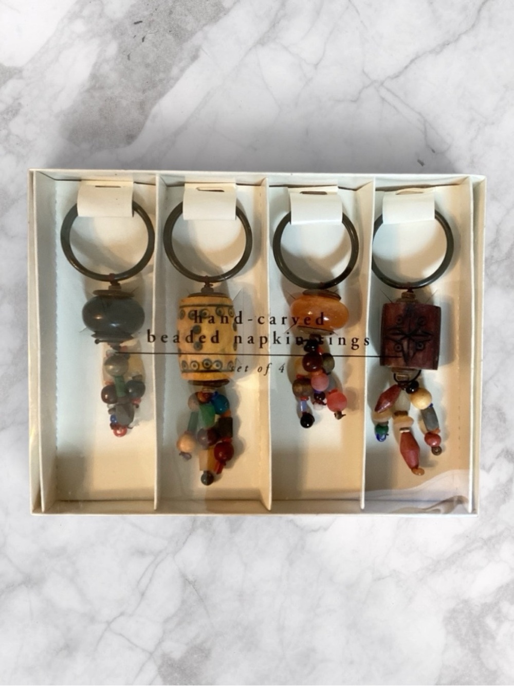 Pier 1 Imports Napkin Rings Multicolor Hand Carved Beaded Set Boho Artisan NIB